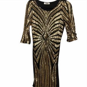 QUUM Gold & Black Gatsby-Themed Bodycon Midi Dress